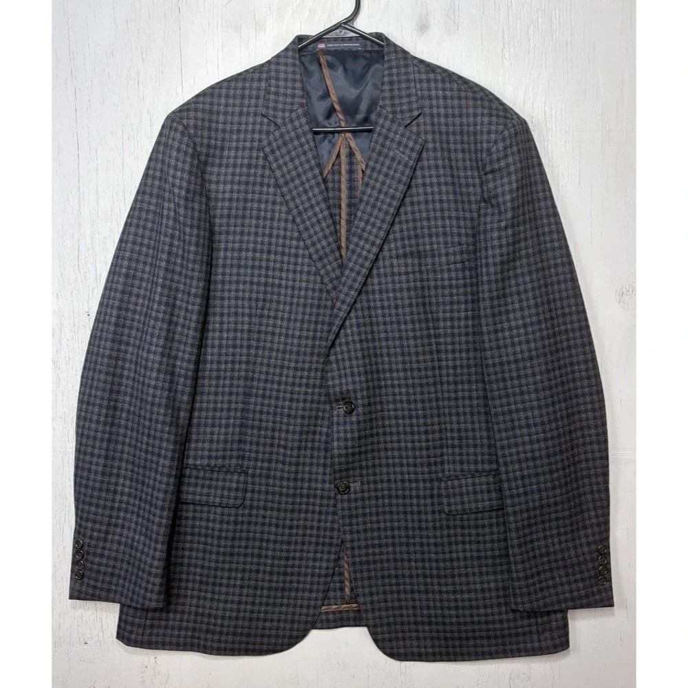 Mens Hart Schaffner Marx Sport Coat Jacket Size 48L Plaid Blue Brown USA Made